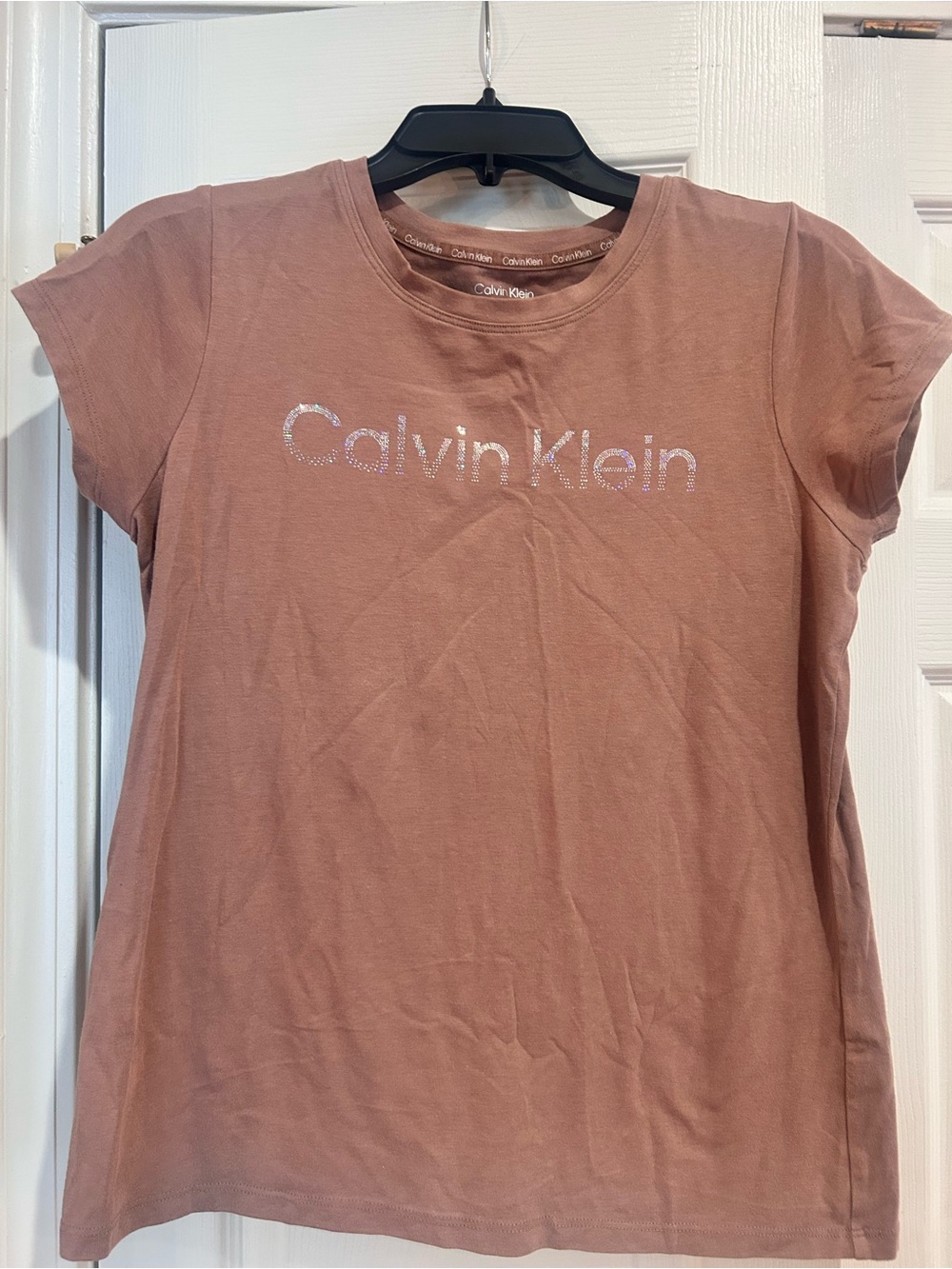Calvin Klein Rhinestone Logo Tee in Dusty Rose